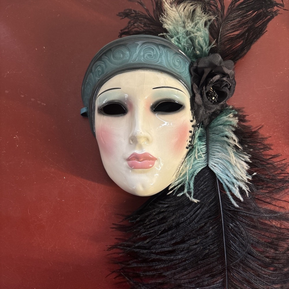 Clay Art of LAX Mask Vintage Wall Decor Elegant Feathers Black Teal Accent
